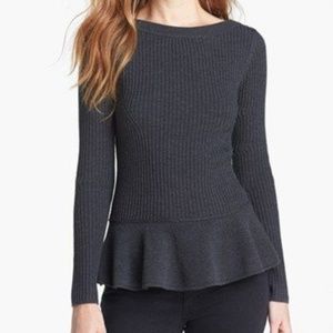 Tory Burch Ramona Merino Wool Peplum Ribbed Sweater - charcoal